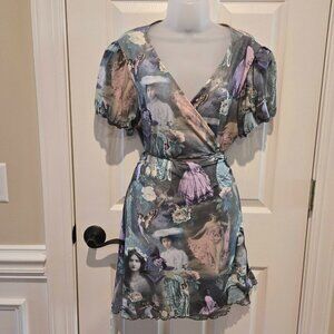 Dolls Kill Widow Ink and Feather Portrait Print Wrap Dress Size XL
